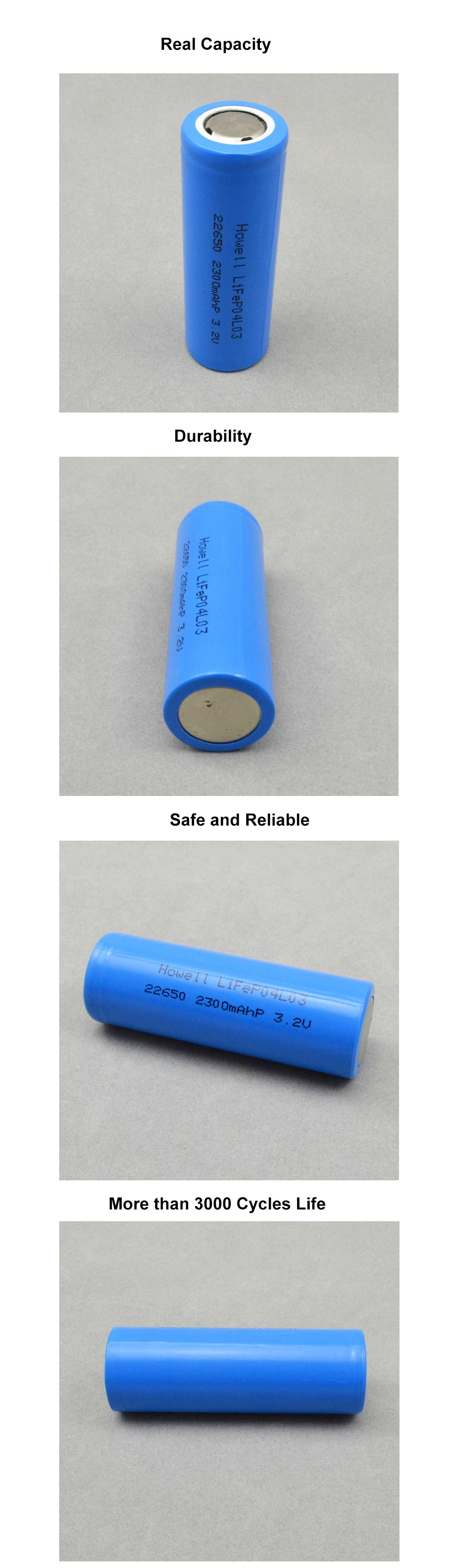 Rechargeable 22650 LiFePO4 Battery Cell 3.2V 2300mAh